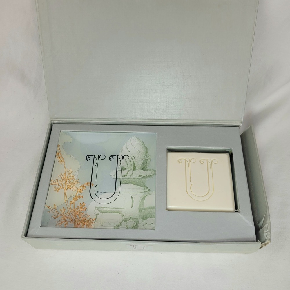 Fringe Studio Monogram U Soap and Glass Trinket Tray Gift Set Bamboo Gingergrass